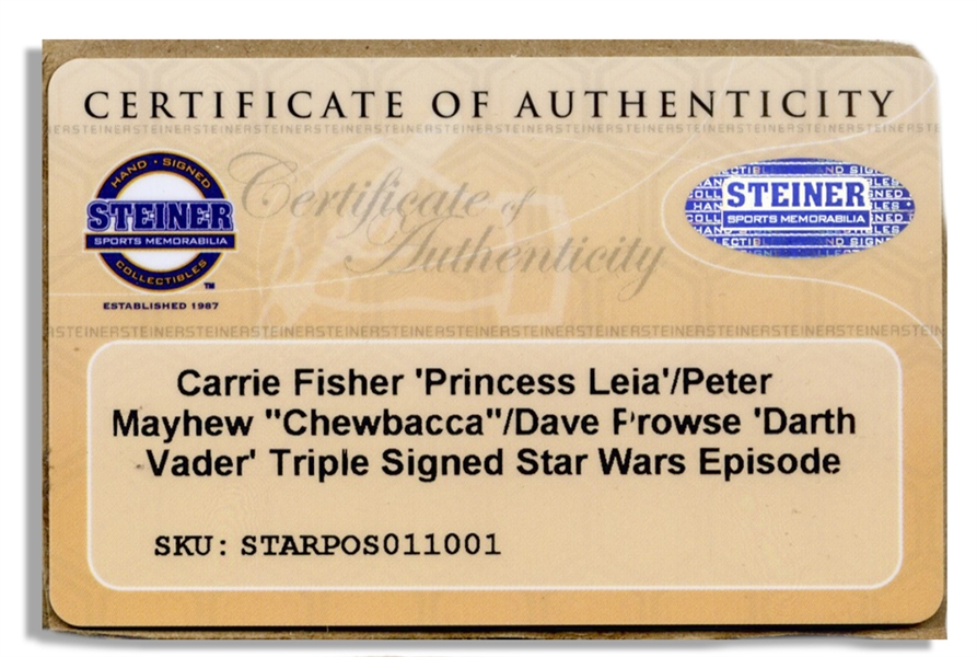 Carrie Fisher, Harrison Ford, Peter Mayhew and David Prowse Signed 10'' x 16'' ''Star Wars'' Photo of the Poster -- With Steiner COA for Fisher, Mayhew and Prowse, and Beckett COA for Ford